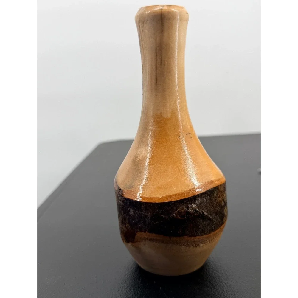 B. W. Jones Signed Live Edge Wood Bud Vase Natural Bark Artisan Decor 6.5in